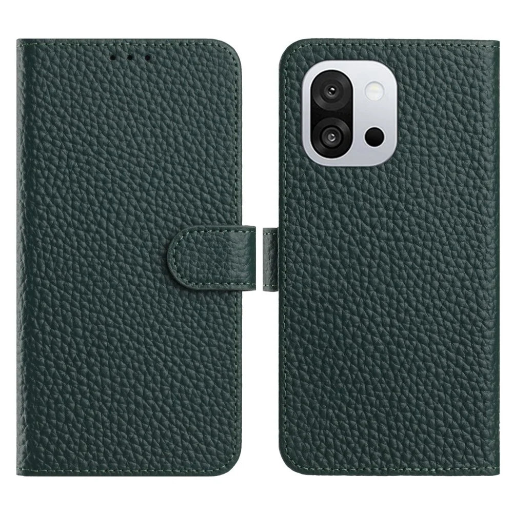 For OnePlus 13T 5G Case Wallet Stand Litchi Texture Genuine Cow Leather Flip Phone Cover - Green - 1