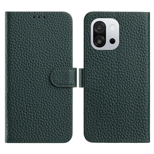 For OnePlus 13T 5G Case Wallet Stand Litchi Texture Genuine Cow Leather Flip Phone Cover - Green - 1