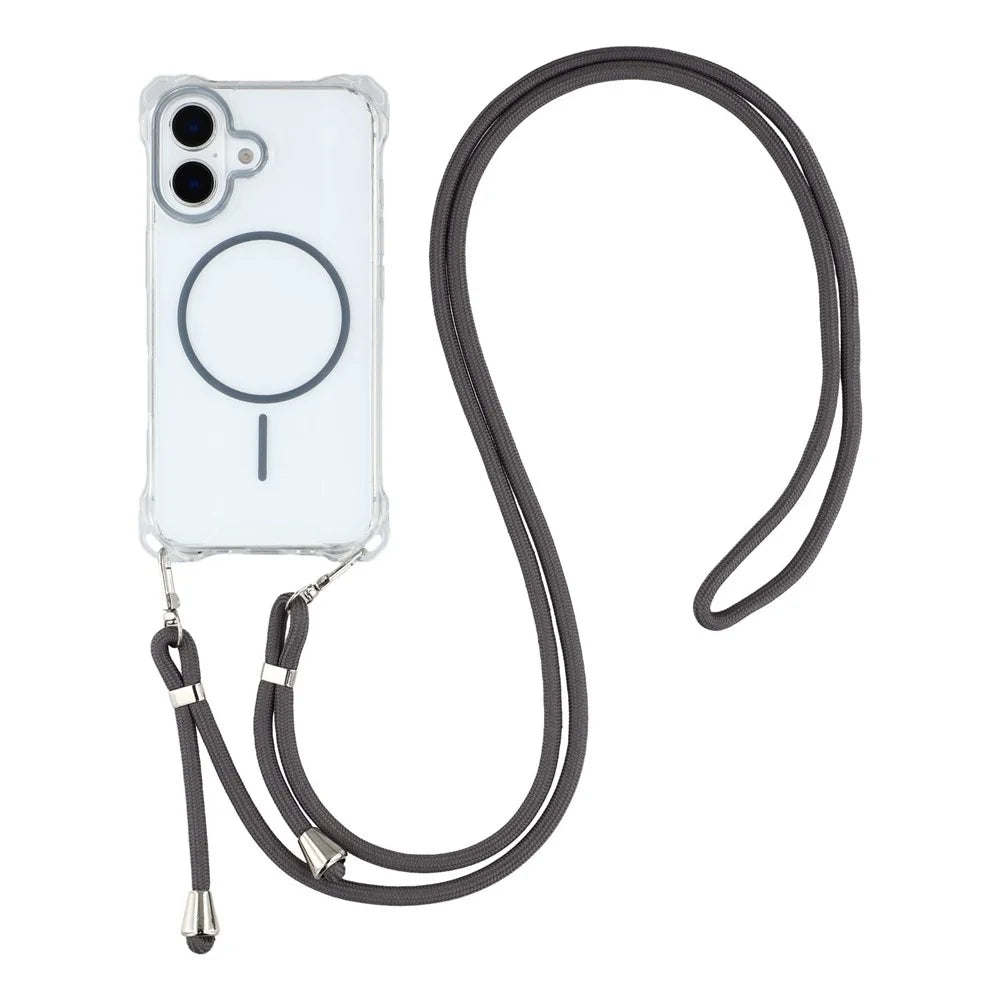 For iPhone 16 Magnetic Case with Lanyard Drop-Proof TPU + PC Phone Back Cover - Grey - 1