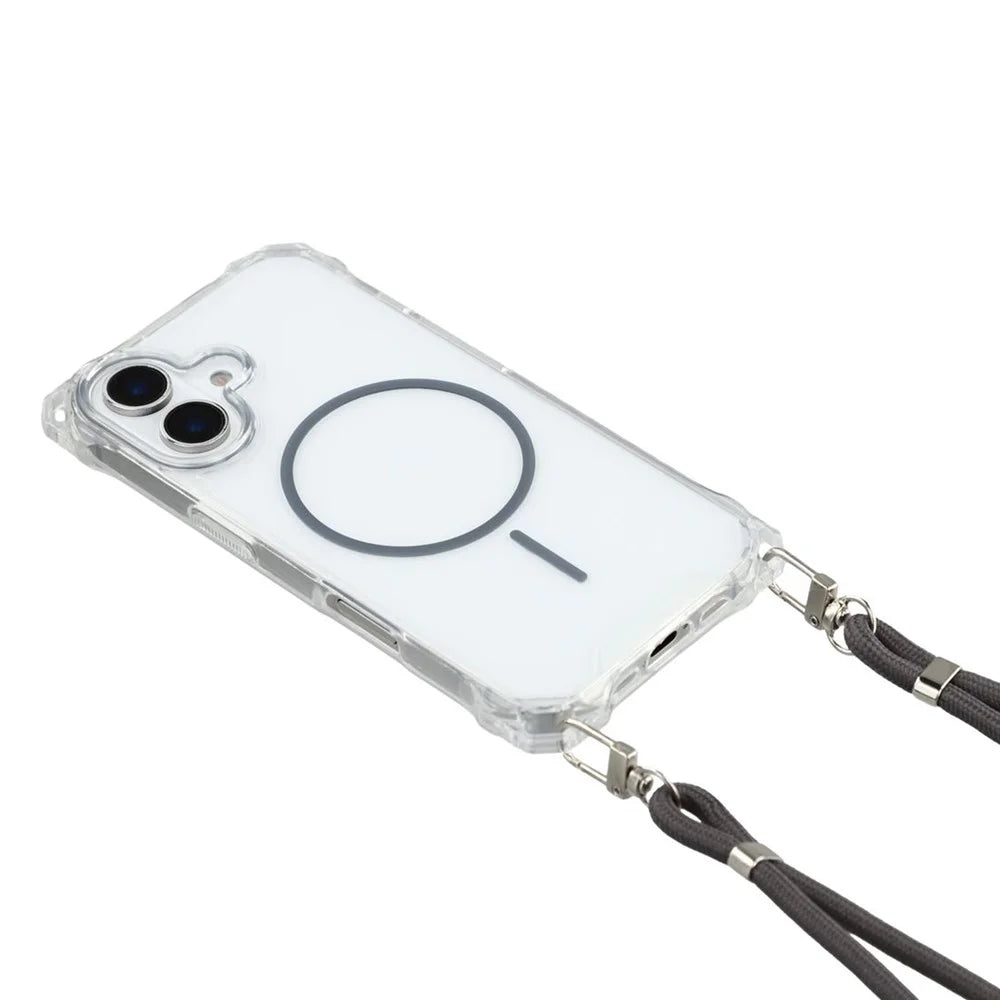 For iPhone 16 Magnetic Case with Lanyard Drop-Proof TPU + PC Phone Back Cover - Grey - 2