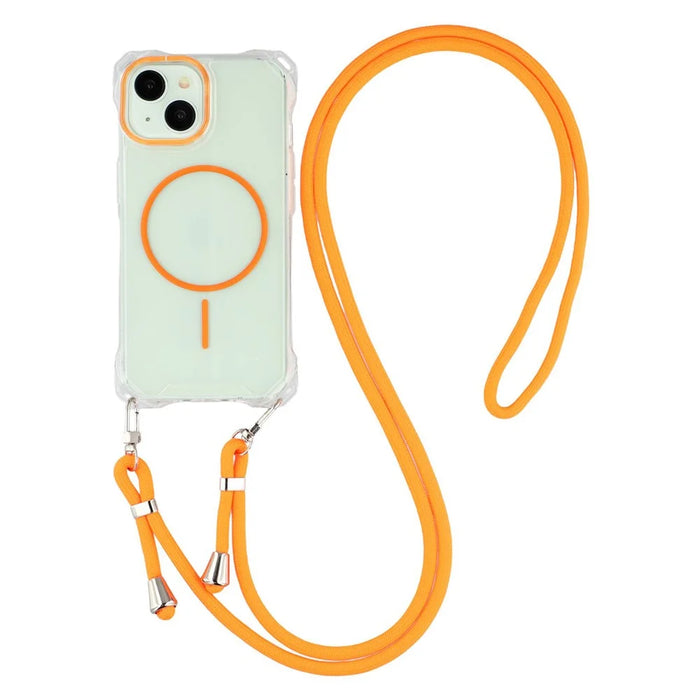 For iPhone 15 Magnetic Case with Lanyard Drop-Proof TPU + PC Phone Back Cover - Orange - 1