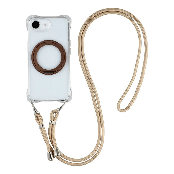 For iPhone 17e / 16e Magnetic Case Ring Kickstand TPU + PC Phone Cover with Lanyard - Brown - 1