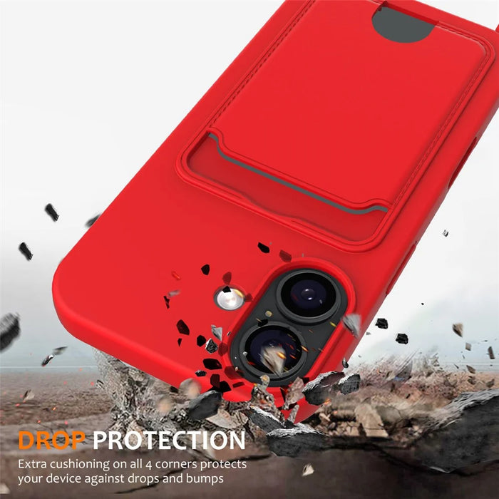 For iPhone 17 Case Liquid Silicone Card Holder Back Phone Cover with Lanyard - Red - 2