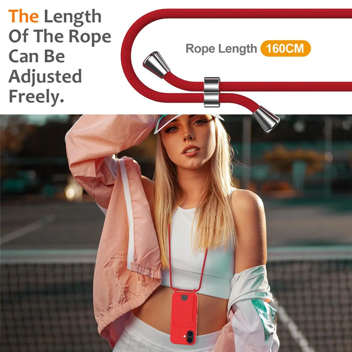For iPhone 17 Case Liquid Silicone Card Holder Back Phone Cover with Lanyard - Red - 3