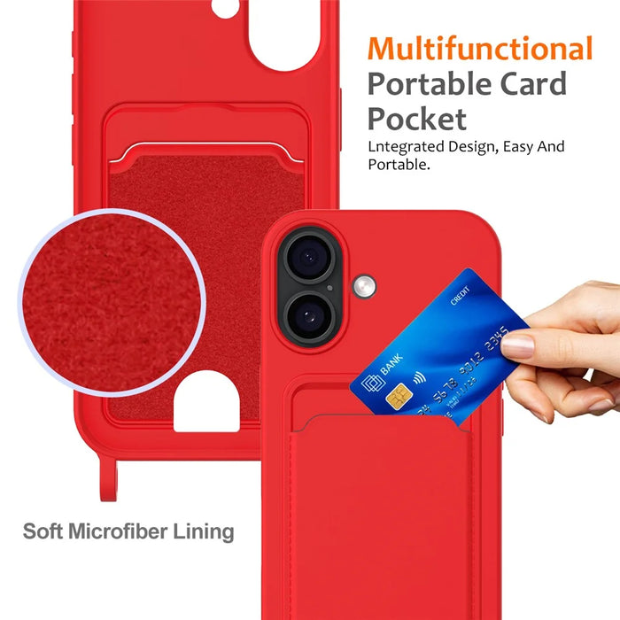 For iPhone 17 Case Liquid Silicone Card Holder Back Phone Cover with Lanyard - Red - 4