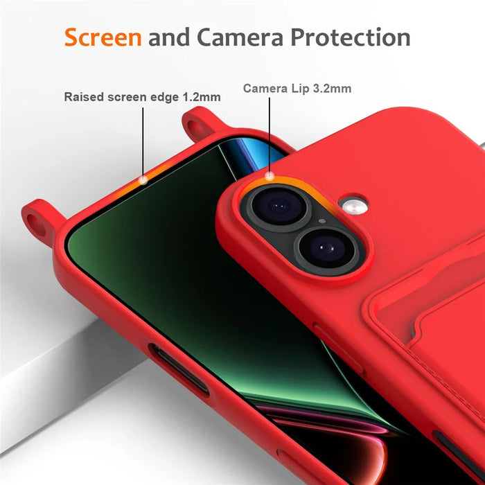 For iPhone 17 Case Liquid Silicone Card Holder Back Phone Cover with Lanyard - Red - 5