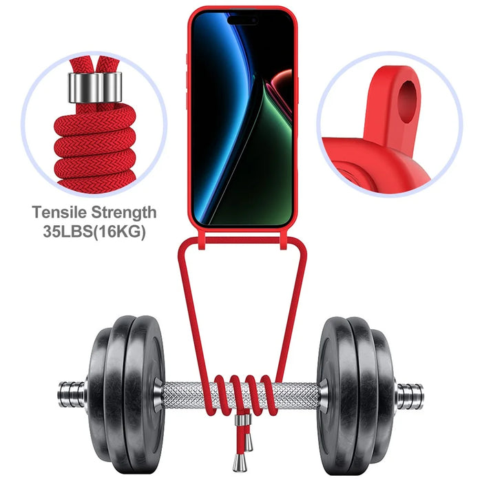 For iPhone 17 Case Liquid Silicone Card Holder Back Phone Cover with Lanyard - Red - 6