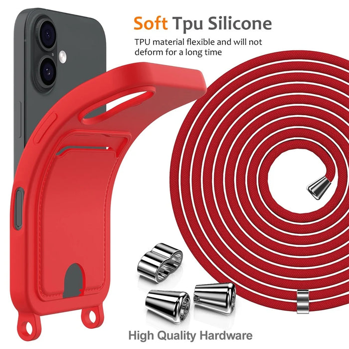 For iPhone 17 Case Liquid Silicone Card Holder Back Phone Cover with Lanyard - Red - 7