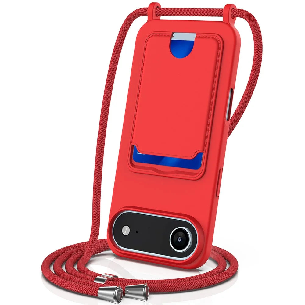 For iPhone Air Case Liquid Silicone Card Holder Back Phone Cover with Lanyard - Red - 1