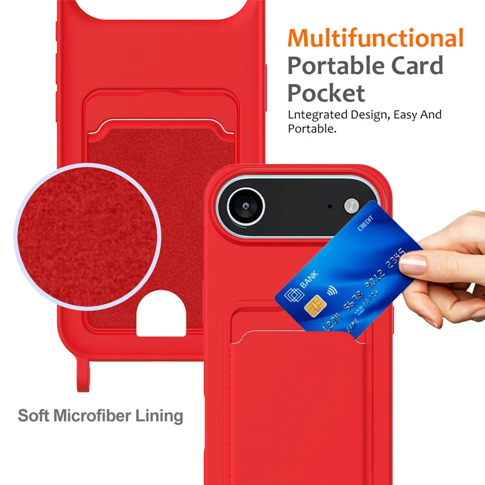For iPhone Air Case Liquid Silicone Card Holder Back Phone Cover with Lanyard - Red - 4
