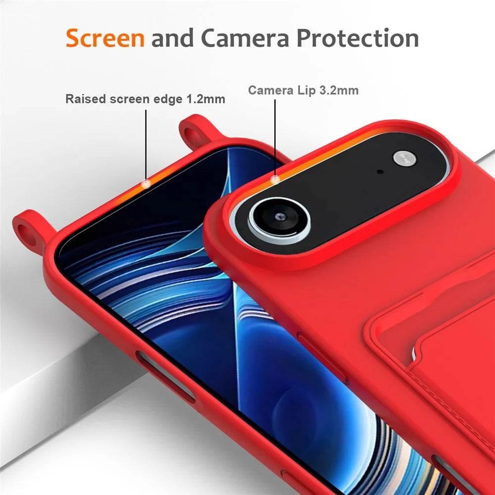 For iPhone Air Case Liquid Silicone Card Holder Back Phone Cover with Lanyard - Red - 5