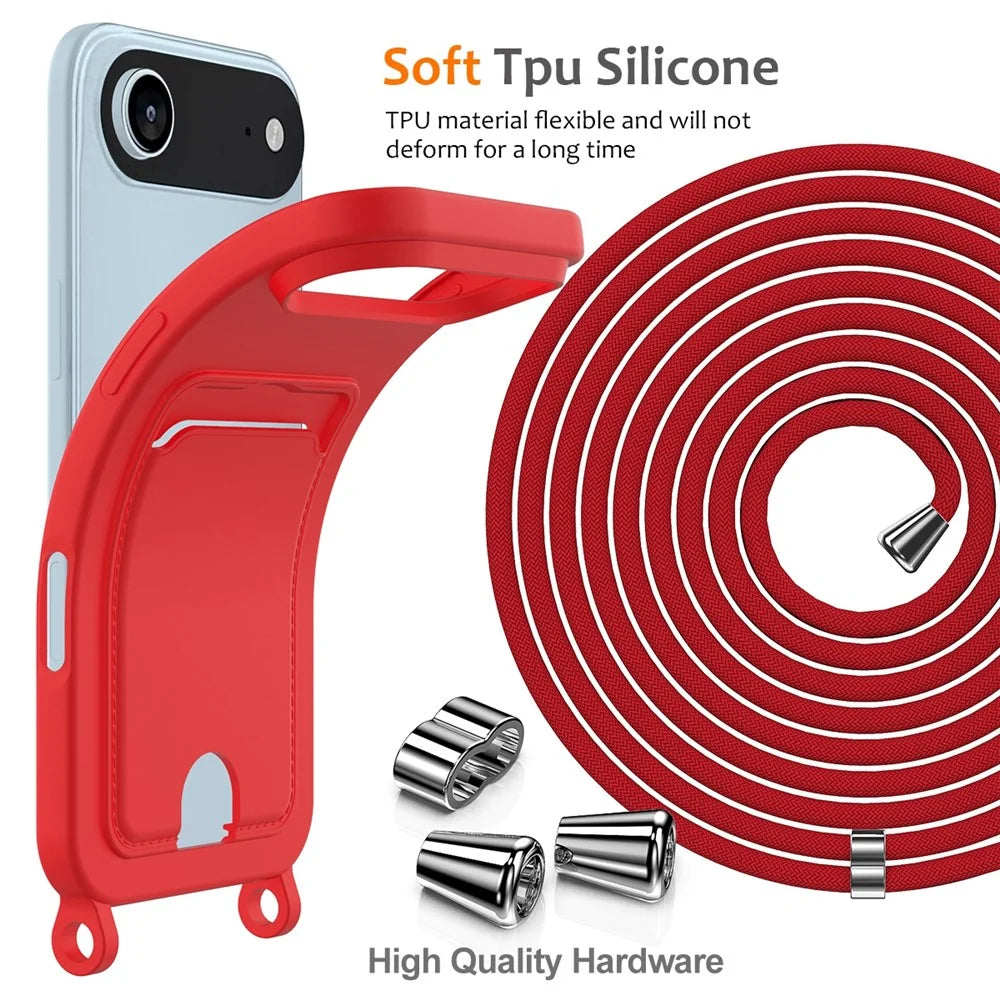 For iPhone Air Case Liquid Silicone Card Holder Back Phone Cover with Lanyard - Red - 7