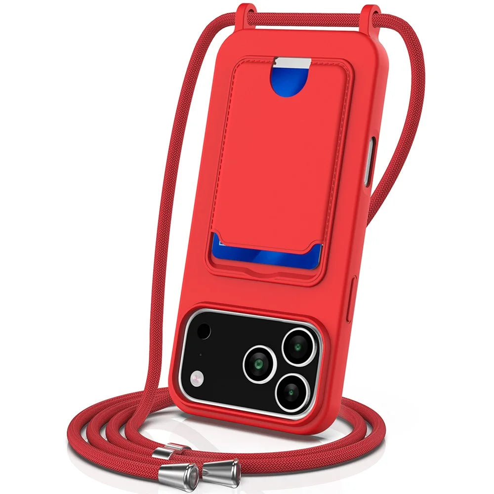 For iPhone 17 Pro Case Liquid Silicone Card Holder Back Phone Cover with Lanyard - Red - 1