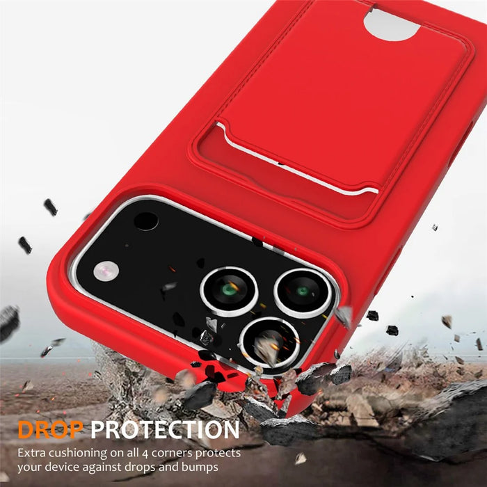 For iPhone 17 Pro Case Liquid Silicone Card Holder Back Phone Cover with Lanyard - Red - 2