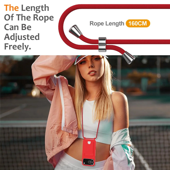 For iPhone 17 Pro Case Liquid Silicone Card Holder Back Phone Cover with Lanyard - Red - 3