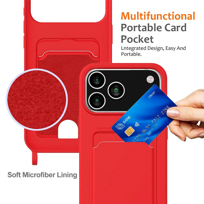 For iPhone 17 Pro Case Liquid Silicone Card Holder Back Phone Cover with Lanyard - Red - 4