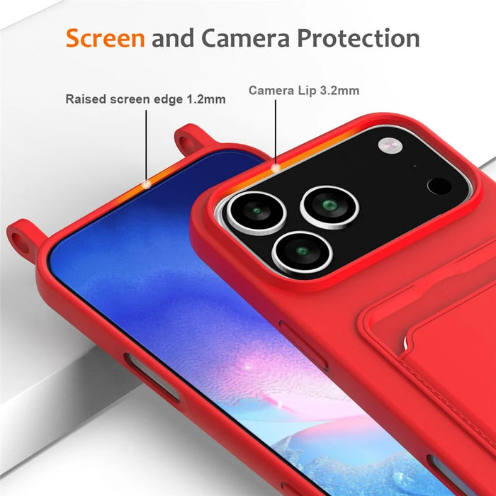 For iPhone 17 Pro Case Liquid Silicone Card Holder Back Phone Cover with Lanyard - Red - 5