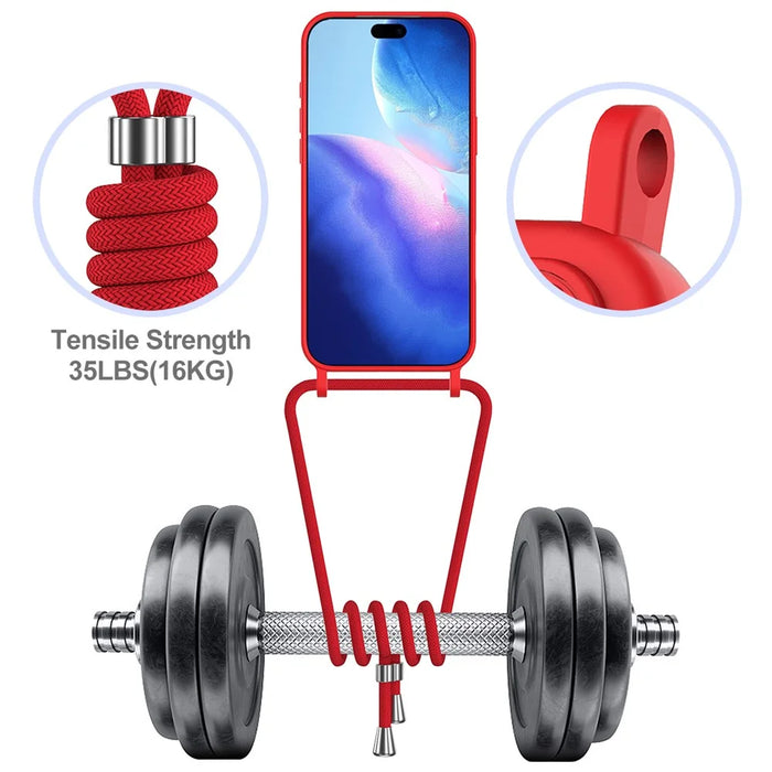 For iPhone 17 Pro Case Liquid Silicone Card Holder Back Phone Cover with Lanyard - Red - 6