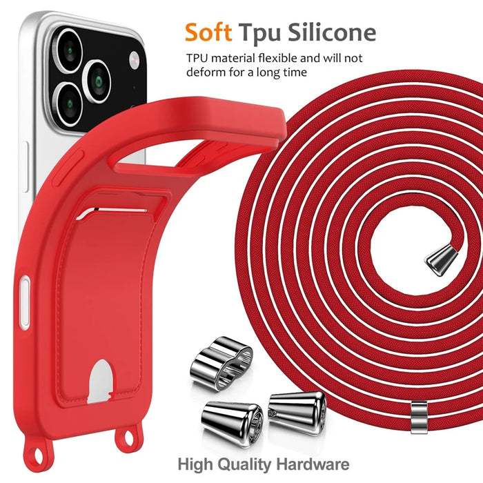 For iPhone 17 Pro Case Liquid Silicone Card Holder Back Phone Cover with Lanyard - Red - 7