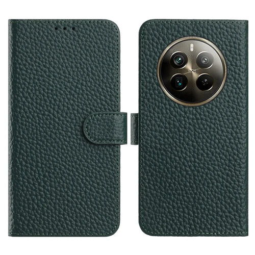 Flip Phone Case For Realme 12 Pro+ 5G  /  12 Pro 5G  /  P1 Pro 5G Wallet Stand Litchi Texture Genuine Cow Leather Cover - Green - 1