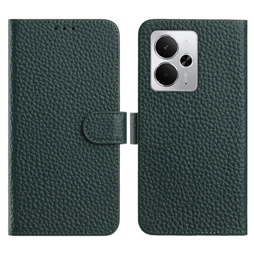 Flip Phone Case For Realme 14 5G  /  14T 5G  /  P3 5G Wallet Stand Litchi Texture Genuine Cow Leather Cover - Green - 1