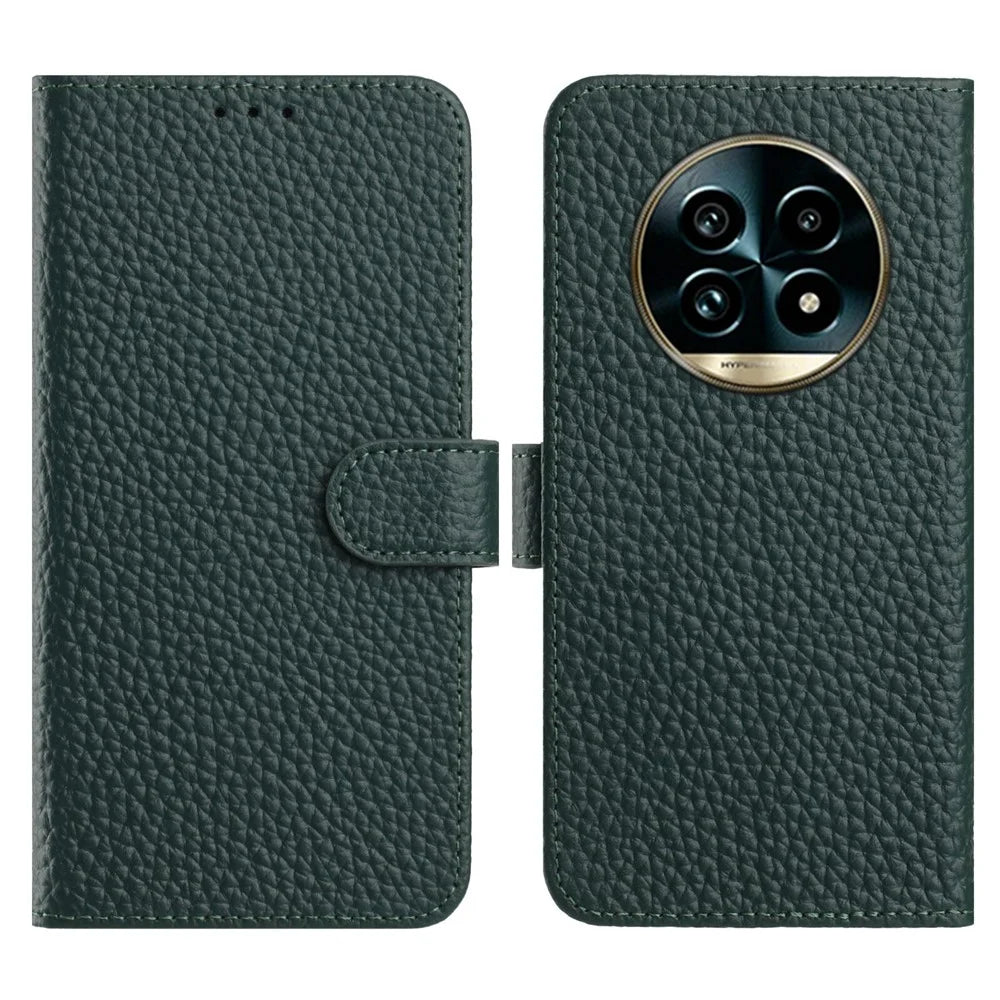 Flip Phone Case For Realme 14 Pro Lite 5G  /  13 Pro+ 5G (Global)  /  13 Pro 5G (Global) Wallet Stand Litchi Texture Genuine Cow Leather Cover - Green - 1