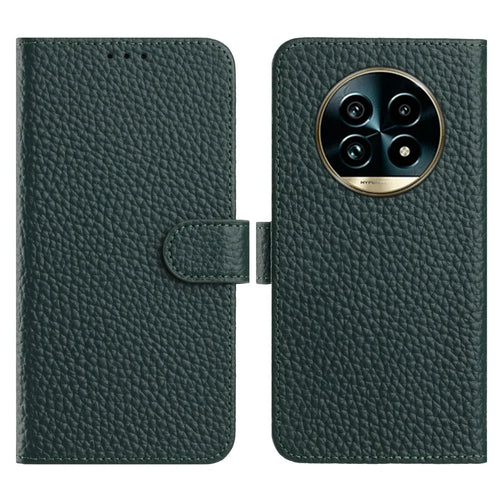 Flip Phone Case For Realme 14 Pro Lite 5G  /  13 Pro+ 5G (Global)  /  13 Pro 5G (Global) Wallet Stand Litchi Texture Genuine Cow Leather Cover - Green - 1