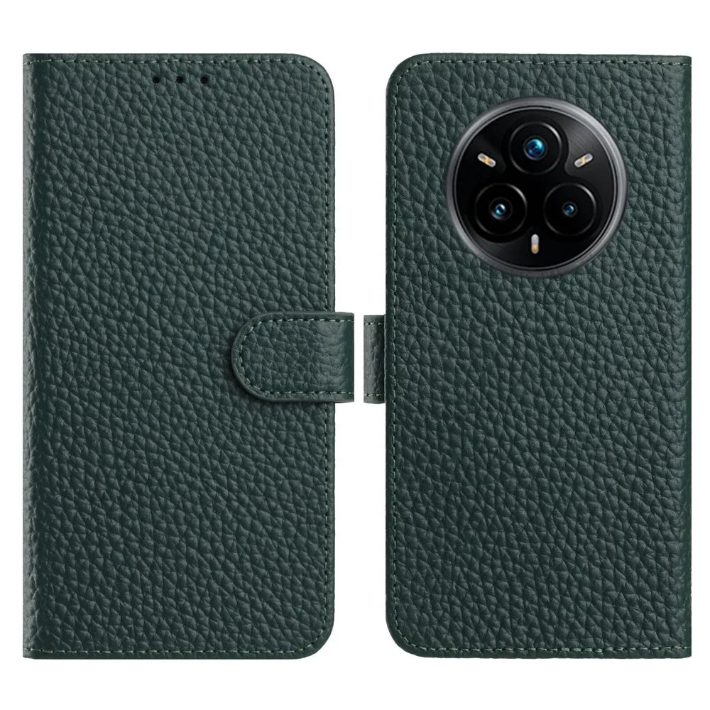 For Realme 14 Pro+ 5G Case Wallet Stand Litchi Texture Genuine Cow Leather Flip Phone Cover - Green - 1