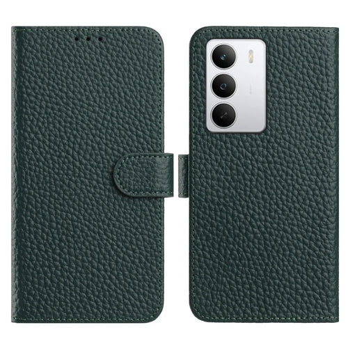 For Realme 14x 5G  /  C75 5G Case Wallet Stand Litchi Texture Genuine Cow Leather Flip Phone Cover - Green - 1