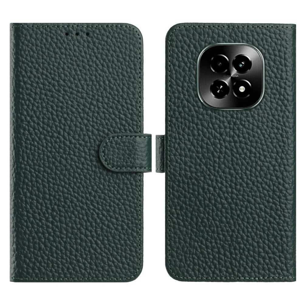 For Realme C63 5G Case Wallet Stand Litchi Texture Genuine Cow Leather Flip Phone Cover - Green - 1