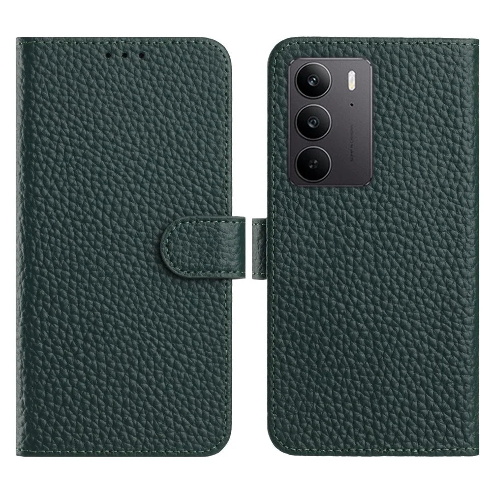 Flip Phone Case For Realme C75 4G  /  P3x 5G  /  Narzo 80x 5G Wallet Stand Litchi Texture Genuine Cow Leather Cover - Green - 1