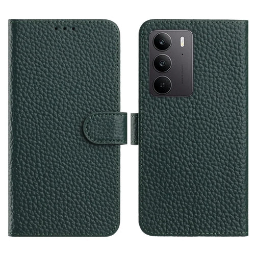 Flip Phone Case For Realme C75 4G  /  P3x 5G  /  Narzo 80x 5G Wallet Stand Litchi Texture Genuine Cow Leather Cover - Green - 1