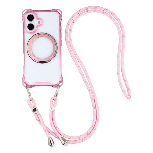 For iPhone 16 Magnetic Case Ring Kickstand TPU + PC Phone Cover with Lanyard - Pink - 1