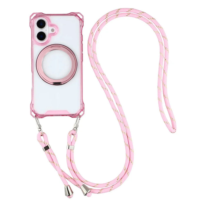For iPhone 16 Magnetic Case Ring Kickstand TPU + PC Phone Cover with Lanyard - Pink - 1