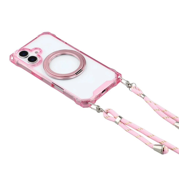 For iPhone 16 Magnetic Case Ring Kickstand TPU + PC Phone Cover with Lanyard - Pink - 2