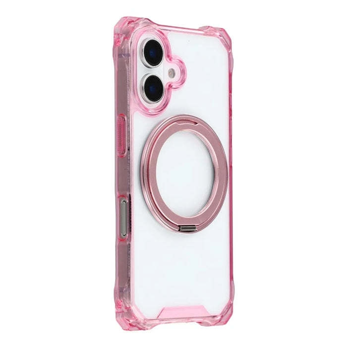 For iPhone 16 Magnetic Case Ring Kickstand TPU + PC Phone Cover with Lanyard - Pink - 3