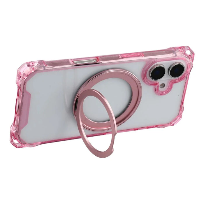 For iPhone 16 Magnetic Case Ring Kickstand TPU + PC Phone Cover with Lanyard - Pink - 5