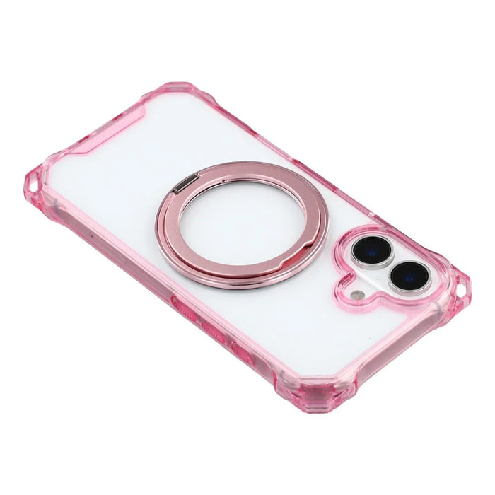For iPhone 16 Magnetic Case Ring Kickstand TPU + PC Phone Cover with Lanyard - Pink - 7