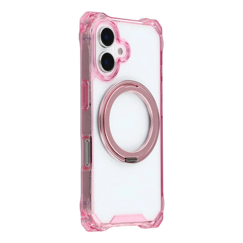 For iPhone 16 Magnetic Case Ring Kickstand TPU + PC Phone Cover - Pink - 1