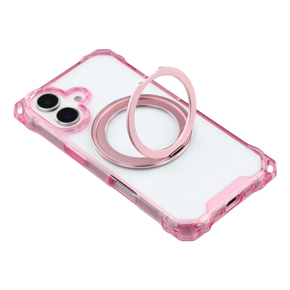 For iPhone 16 Magnetic Case Ring Kickstand TPU + PC Phone Cover - Pink - 5
