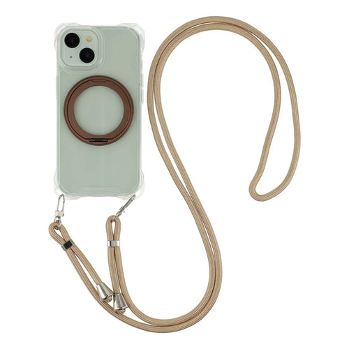 For iPhone 15 Magnetic Case Ring Kickstand TPU + PC Phone Cover with Lanyard - Brown - 1