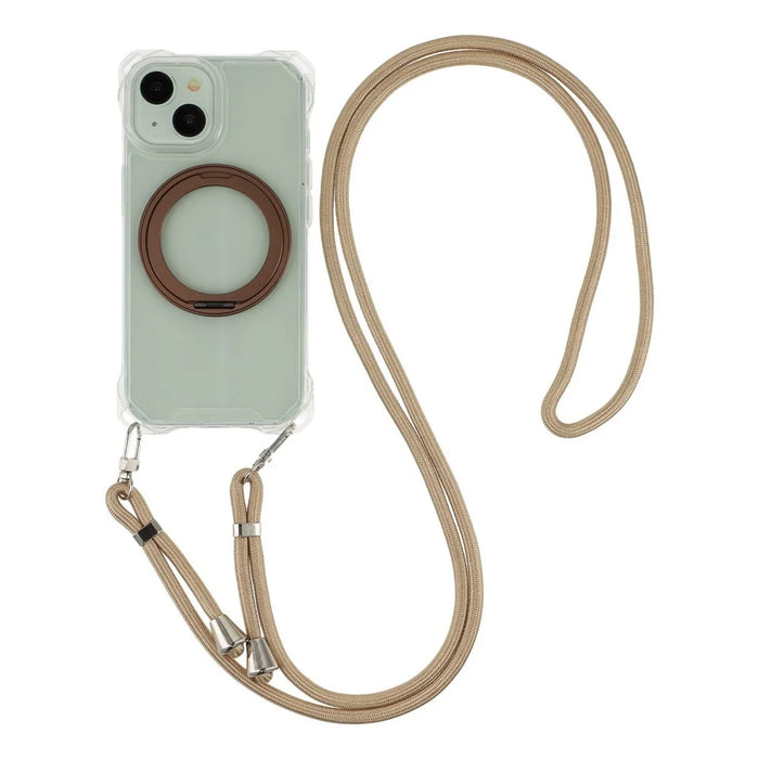 For iPhone 15 Magnetic Case Ring Kickstand TPU + PC Phone Cover with Lanyard - Brown - 1