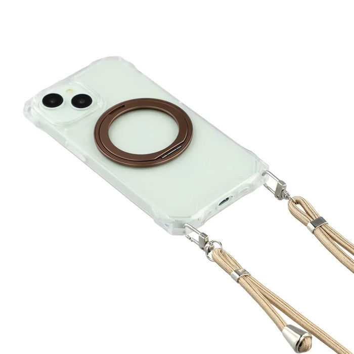 For iPhone 15 Magnetic Case Ring Kickstand TPU + PC Phone Cover with Lanyard - Brown - 2