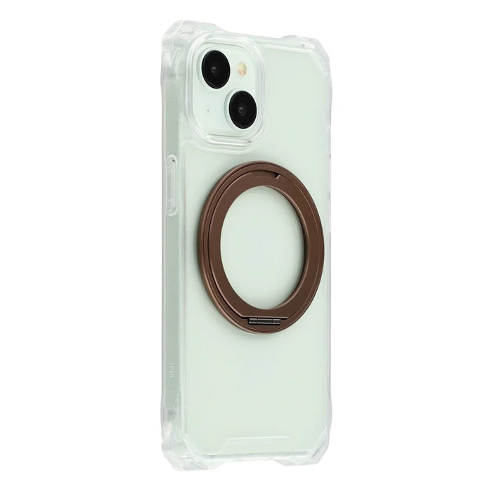 For iPhone 15 Magnetic Case Ring Kickstand TPU + PC Phone Cover with Lanyard - Brown - 3