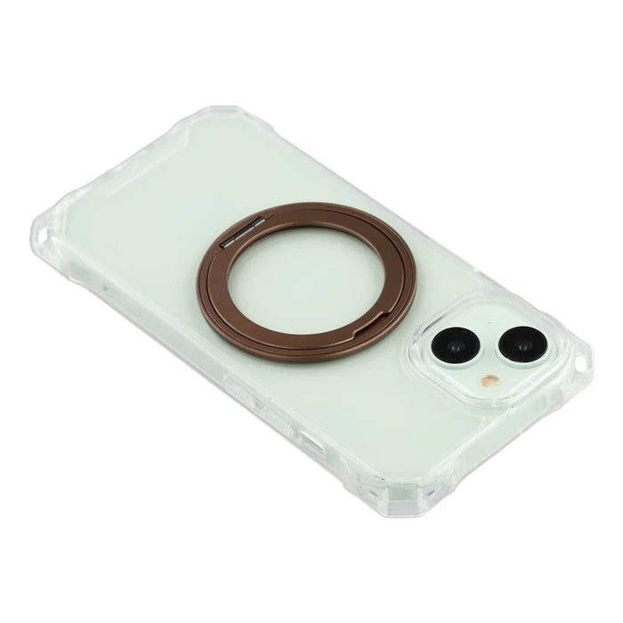 For iPhone 15 Magnetic Case Ring Kickstand TPU + PC Phone Cover with Lanyard - Brown - 7