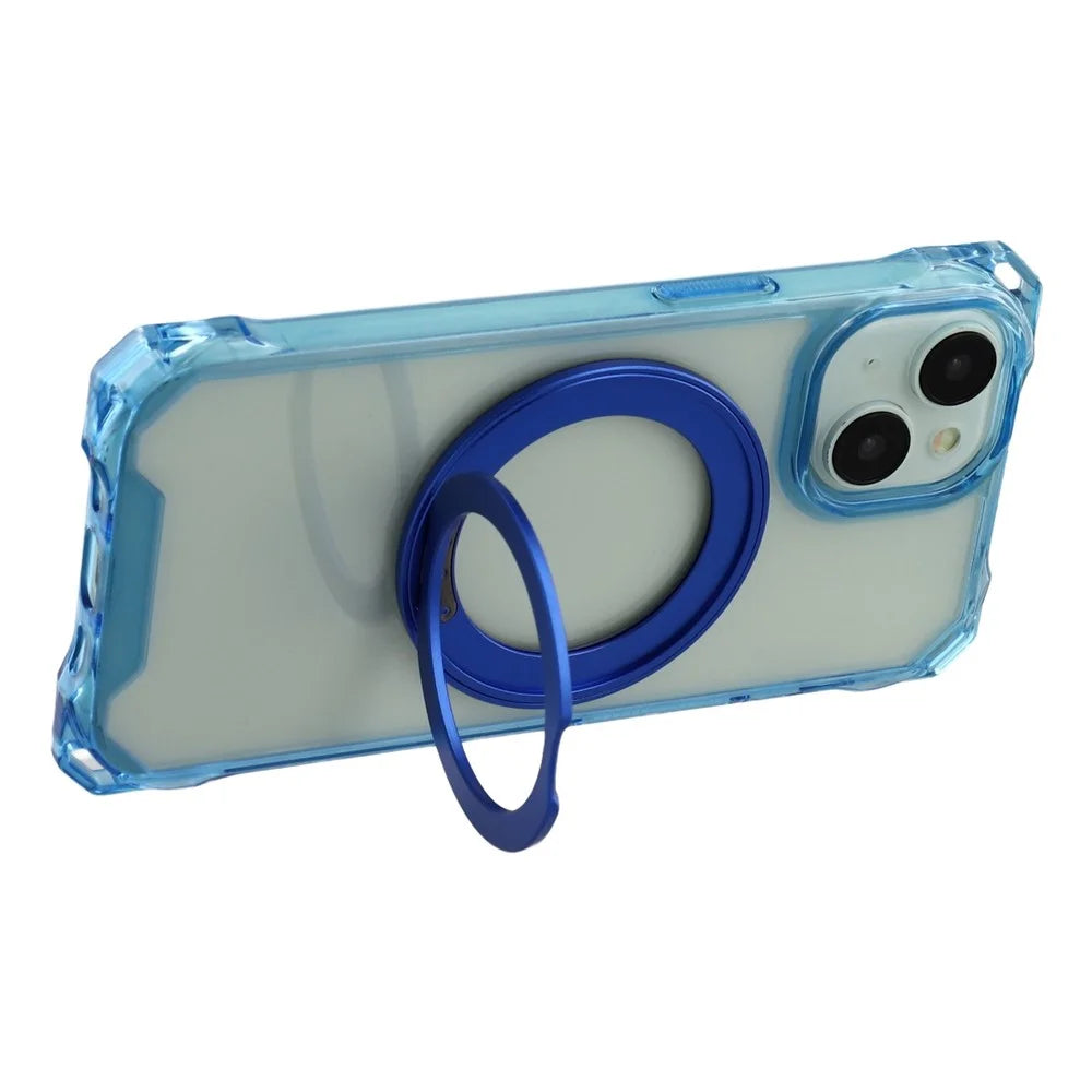 For iPhone 15 Magnetic Case Ring Kickstand TPU + PC Phone Cover - Blue - 4