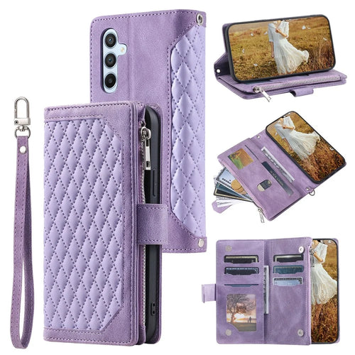 For Samsung Galaxy S25 FE Wallet Case Rhombus Stitching Line PU Leather Phone Cover with Wrist Strap - Purple - 1