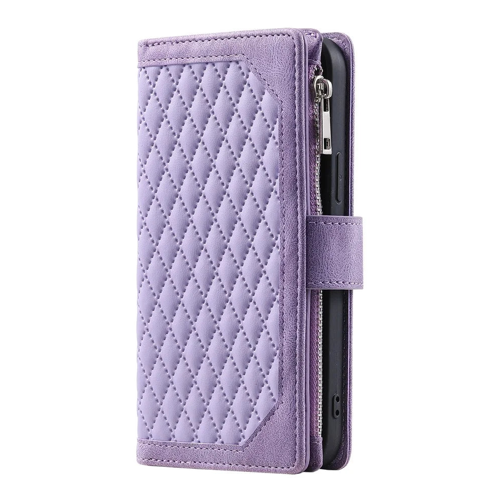 For Samsung Galaxy S25 FE Wallet Case Rhombus Stitching Line PU Leather Phone Cover with Wrist Strap - Purple - 7