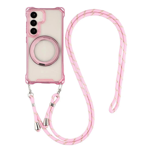 For Samsung Galaxy S25  /  S24 Magnetic Case Ring Kickstand TPU + PC Phone Cover with Lanyard - Pink - 1