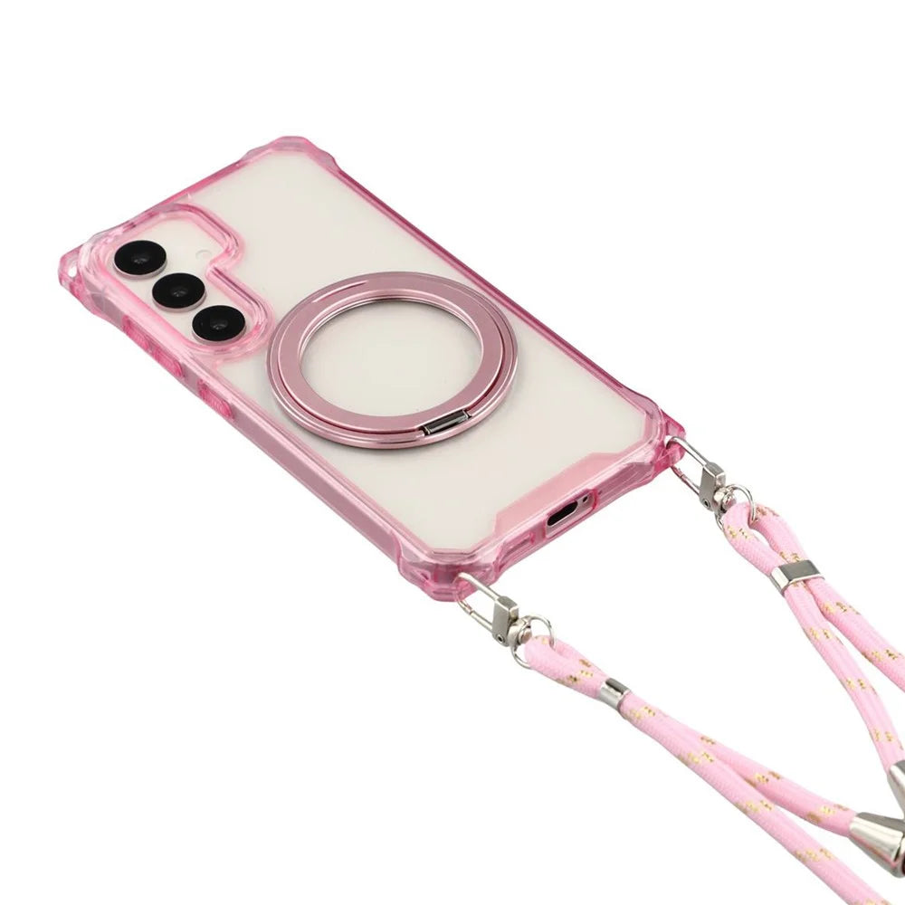 For Samsung Galaxy S25  /  S24 Magnetic Case Ring Kickstand TPU + PC Phone Cover with Lanyard - Pink - 2